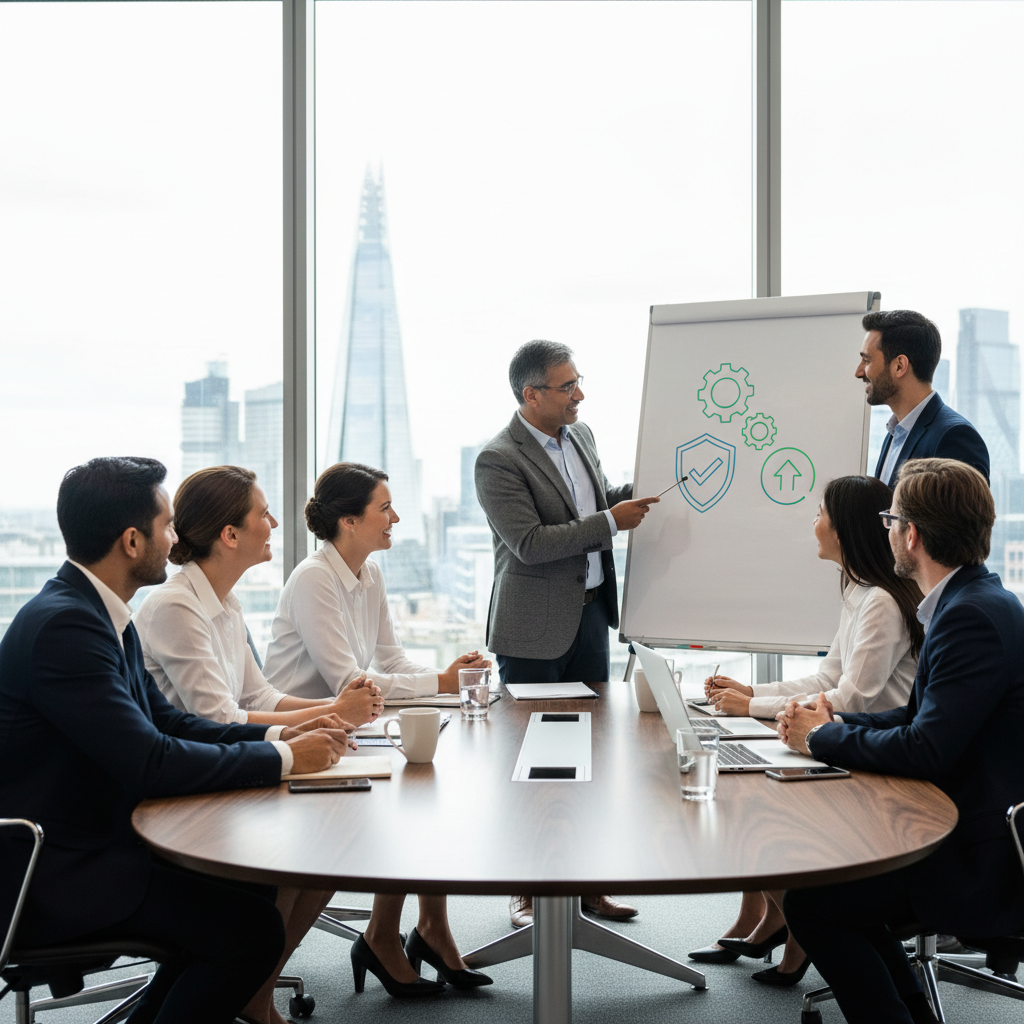 A photorealistic image of a diverse group of adult professionals in a modern UK office setting, engaged in a collaborative meeting around a conference table, symbolizing workplace policies and employee guidelines, with no children present and no focus on legal documents.