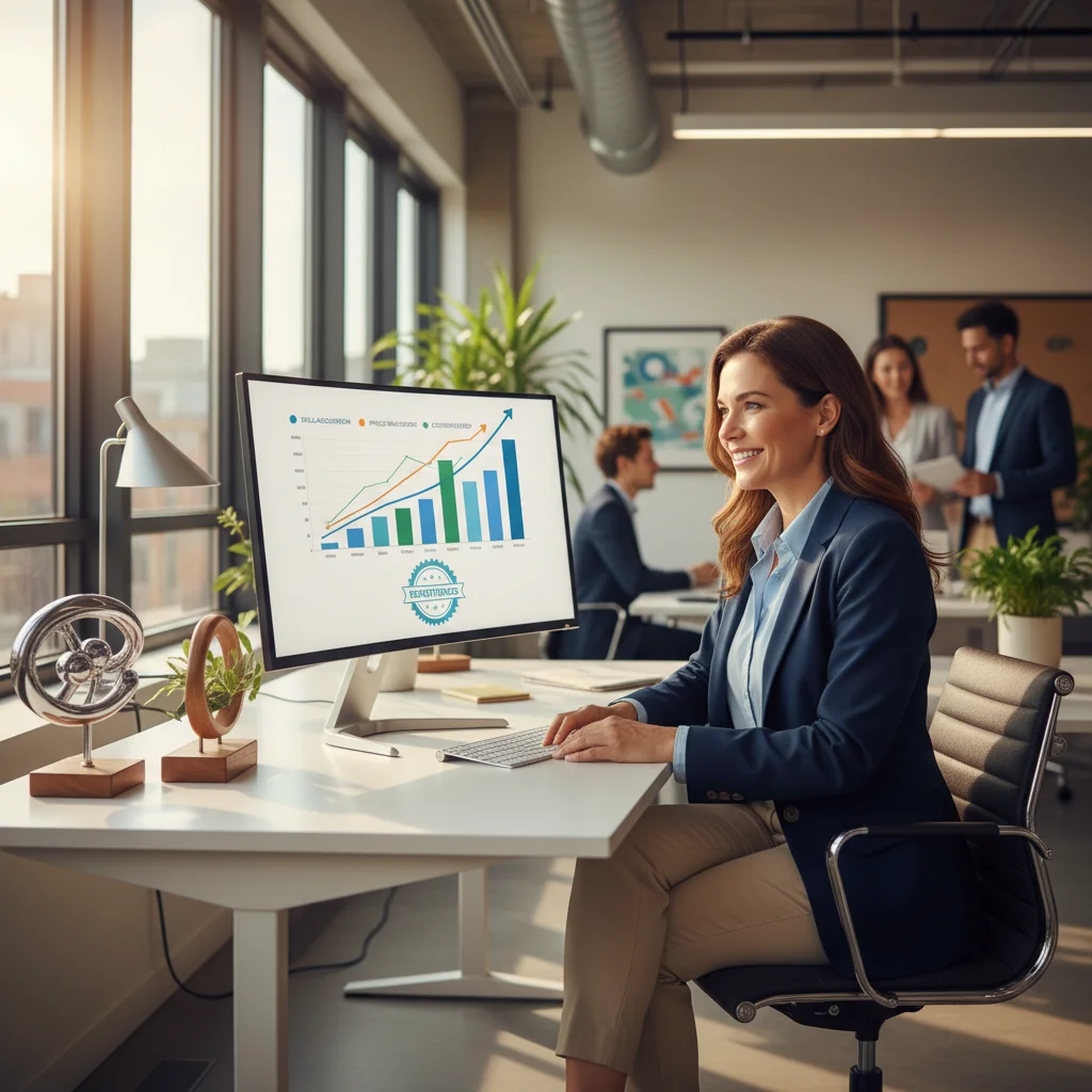 A photorealistic image of a professional adult employee in a modern office environment, symbolizing career progression and job qualifications, with a confident expression while reviewing work achievements on a computer, no children or documents visible.