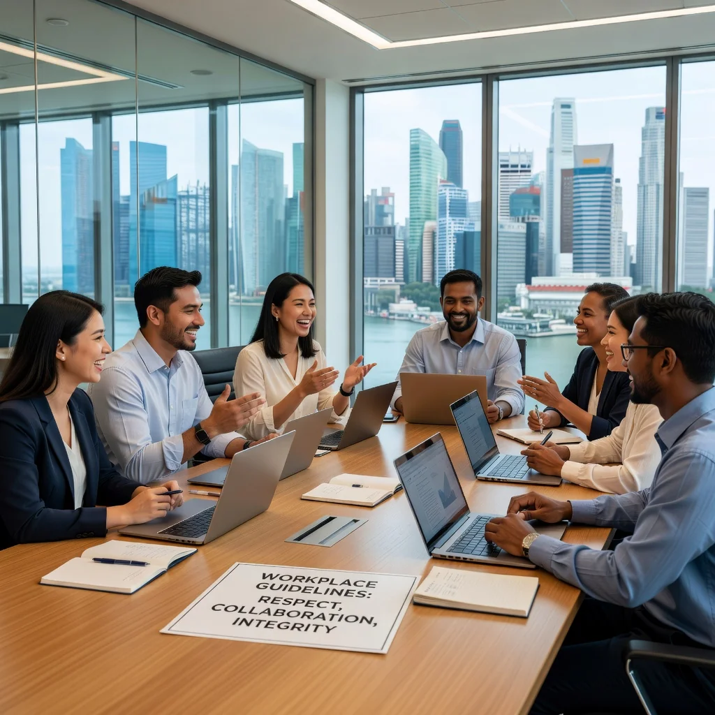 A photorealistic image of a diverse group of professional adults in a modern Singapore office environment, engaged in a collaborative meeting, symbolizing effective workplace policies and employee engagement.