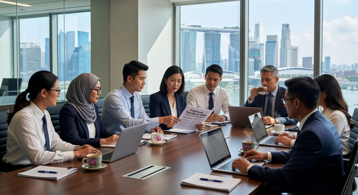 Professional team reviewing employee handbook