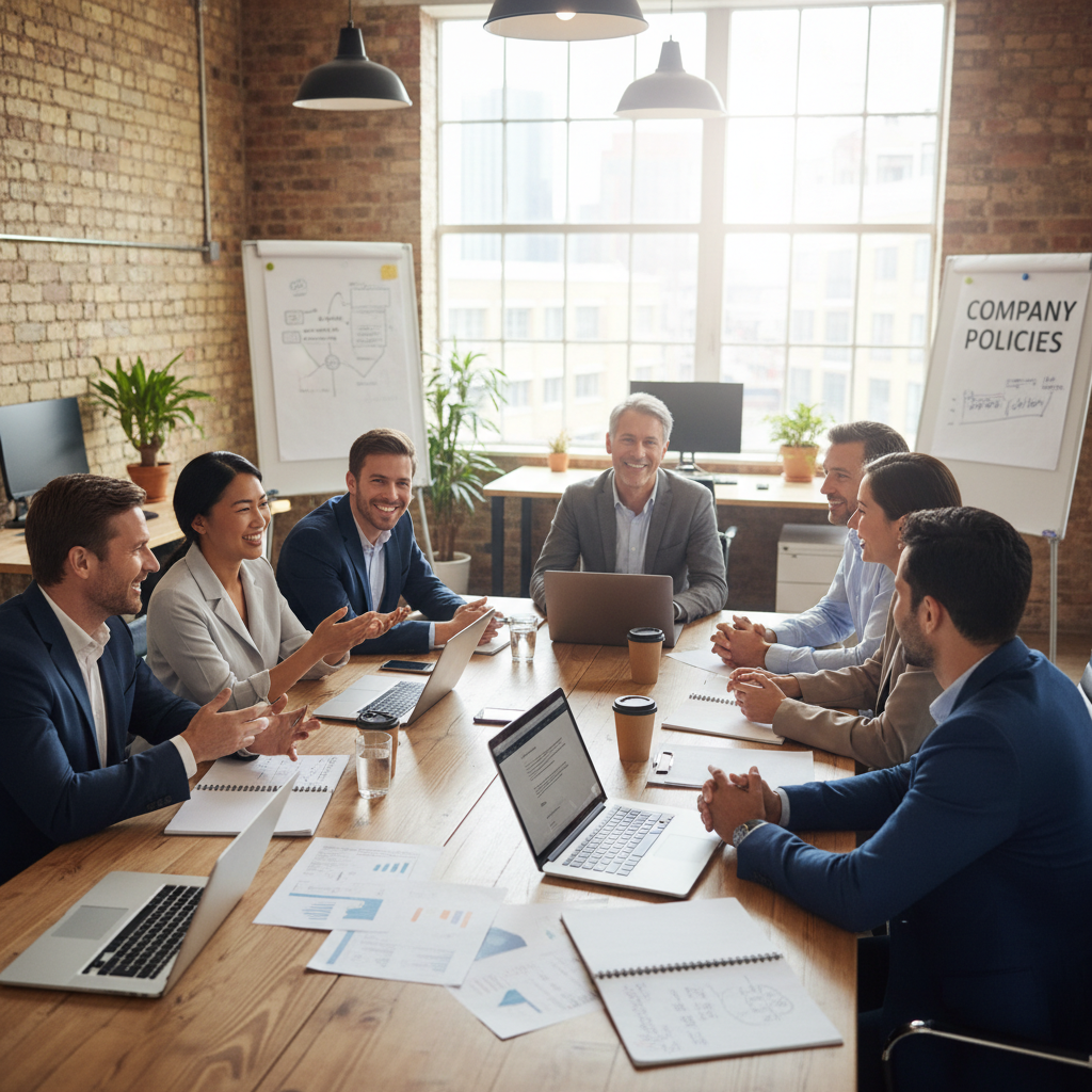A photorealistic image of a diverse group of professional adults in a modern UK office setting, engaged in a collaborative meeting around a conference table, symbolizing effective workplace policies and team harmony for an employee handbook.