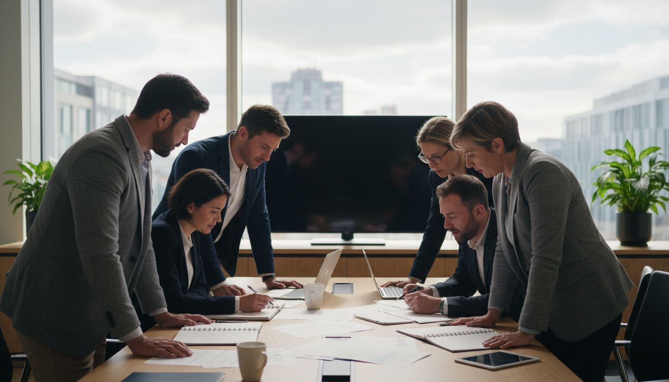 Business team reviewing handbook document