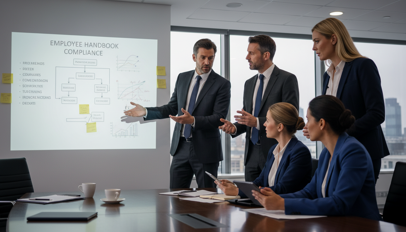 Team discussing handbook compliance