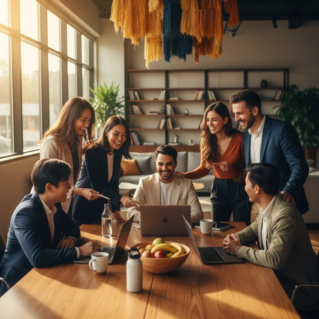 A vibrant and professional office scene showing a diverse team of employees collaborating happily in a modern US workplace, symbolizing clear policies and a positive work culture fostered by an effective employee handbook.