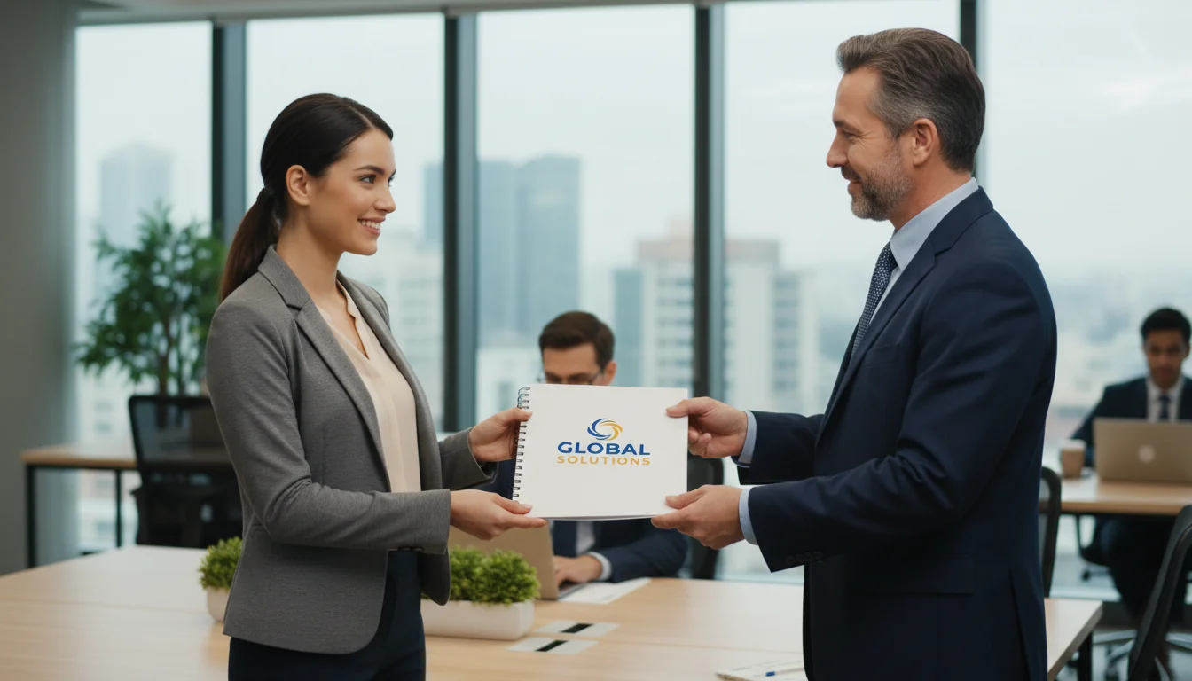 Business owner handing handbook to employee