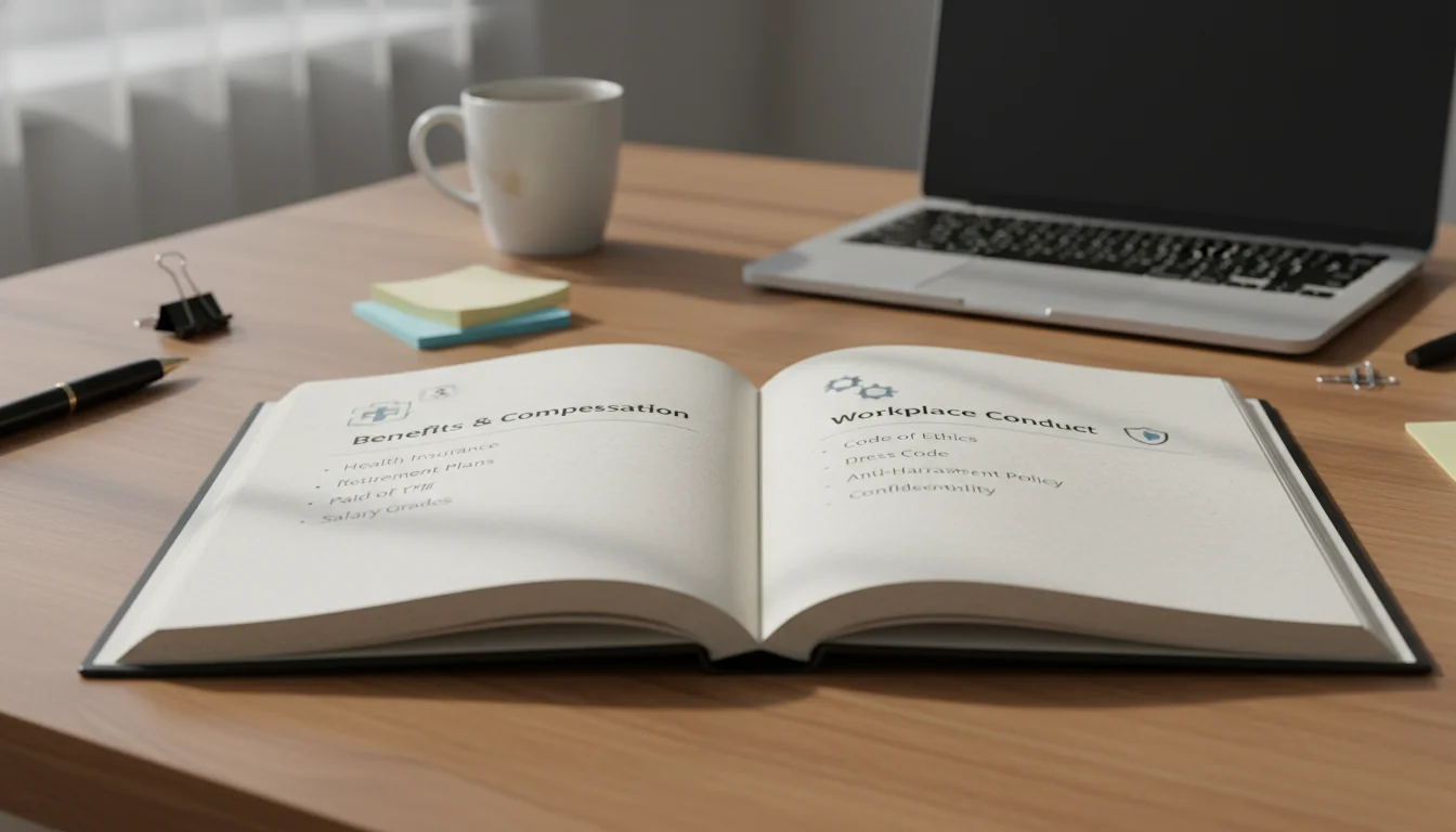 Open handbook with key policy icons