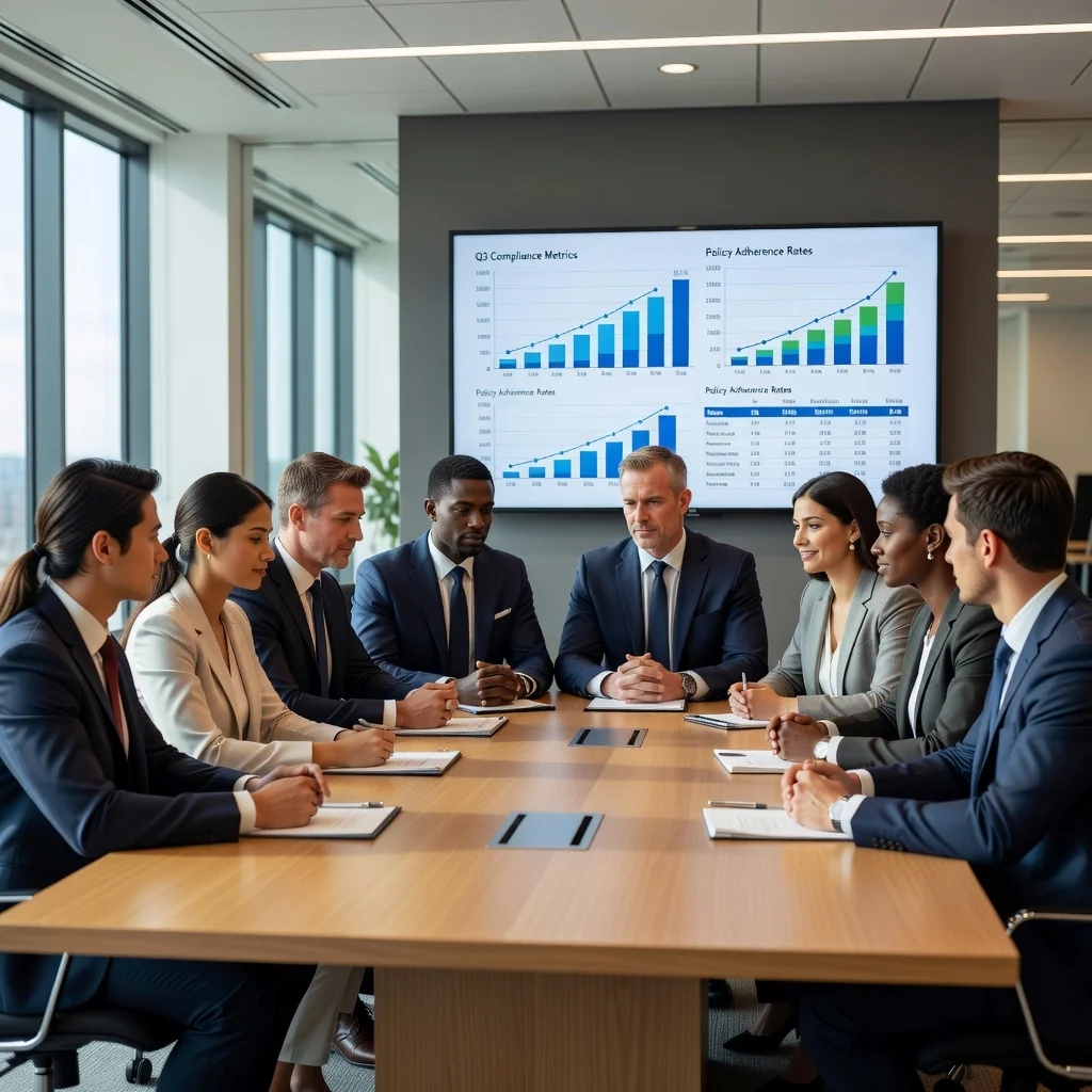 A photorealistic image of a diverse team of adult professionals in a modern office setting, engaged in a collaborative meeting discussing compliance guidelines, with expressions of focus and teamwork, emphasizing workplace harmony and ethical practices. No children are present in the image.