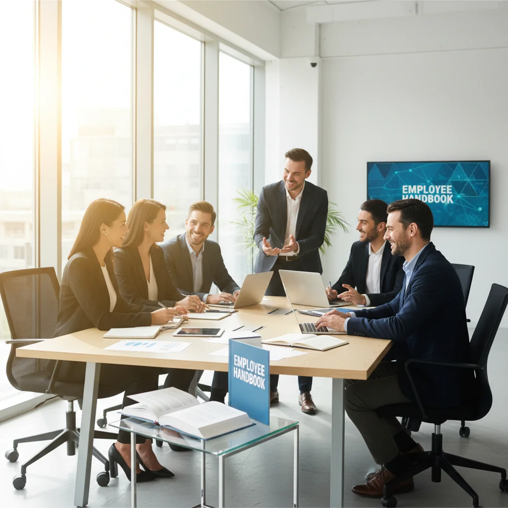 A professional office environment showing a diverse group of employees collaborating in a modern workplace, with subtle elements like a company policy binder on a shelf in the background, emphasizing compliance and teamwork without focusing on legal documents.