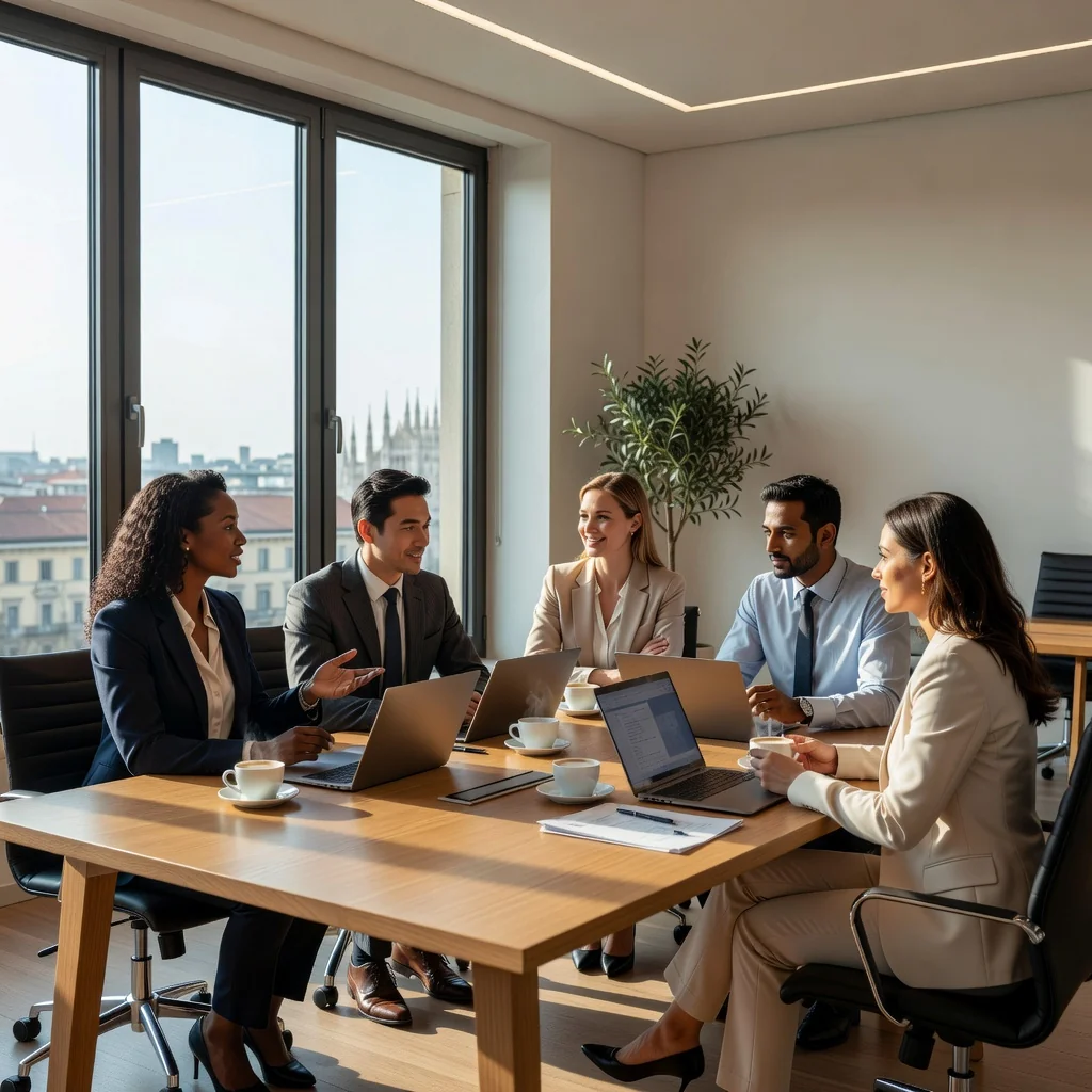 A photorealistic image of a diverse group of professional adults in a modern Italian office setting, collaborating on a team project around a conference table, symbolizing effective employee management and company guidelines without focusing on any documents.