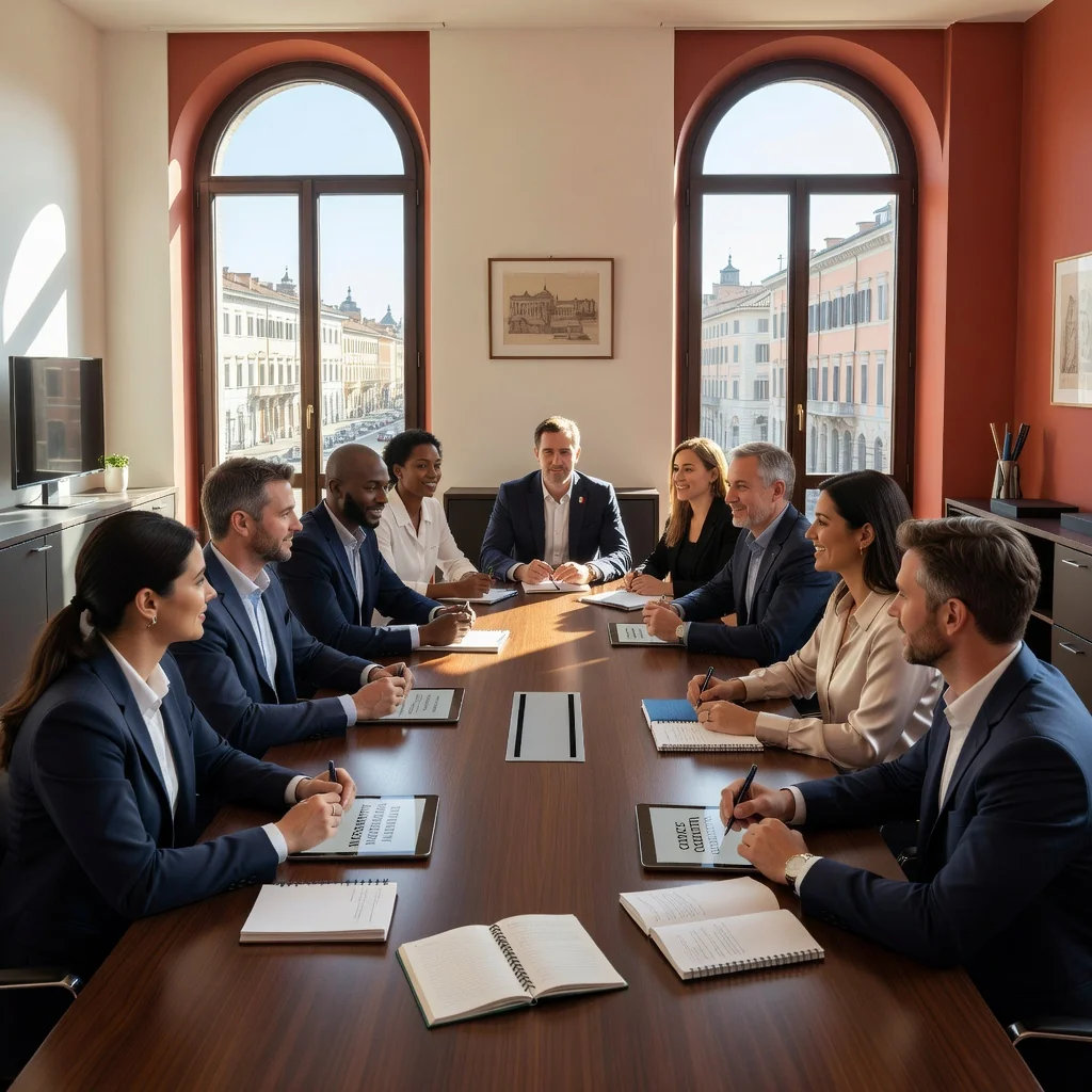 A photorealistic image of a diverse group of professional adults in a modern Italian office setting, reviewing employee guidelines together, symbolizing compliance and workplace harmony, with Italian flags or subtle cultural elements in the background.