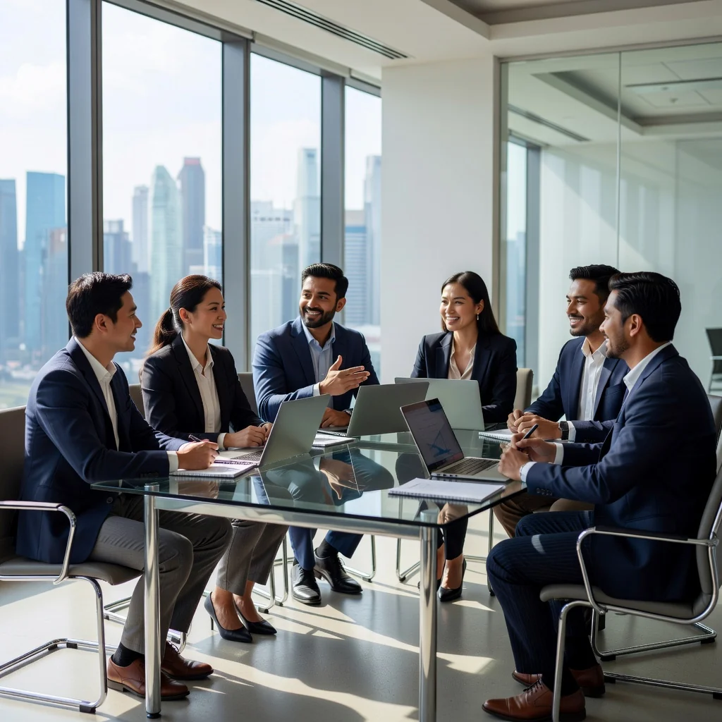 A photorealistic image of a diverse group of adult professionals in a modern Singapore office environment, engaged in collaborative work around a conference table, symbolizing the supportive and structured workplace policies outlined in an employee handbook. The scene captures a sense of teamwork, professionalism, and inclusivity, with elements like a city skyline view through large windows to evoke a Singapore business setting. No children are present in the image.