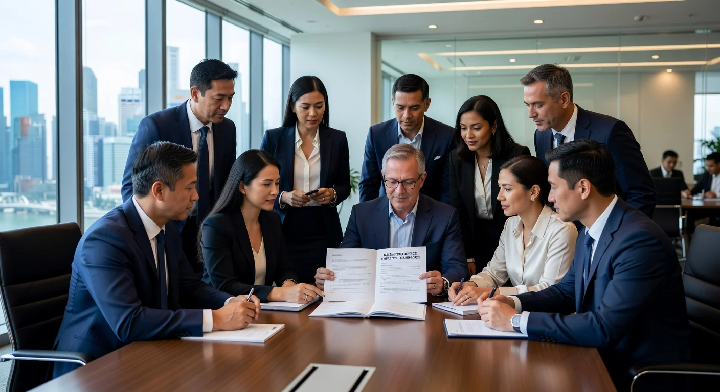 Professional employees reading handbook