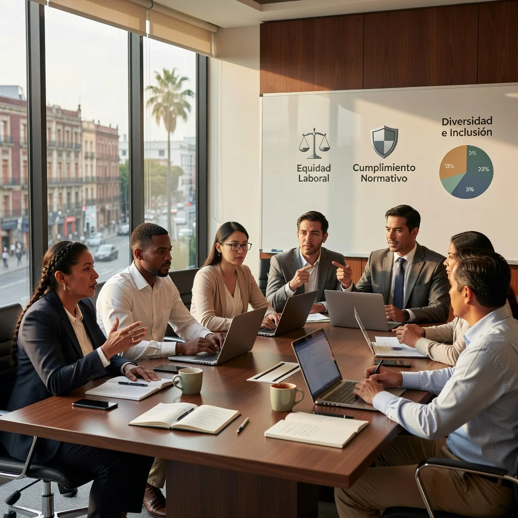 A photorealistic image depicting a diverse group of adult professionals in a modern Mexican office setting, engaged in a collaborative meeting around a conference table, symbolizing fair labor policies, workplace harmony, and professional development. The scene includes adults of various ages and backgrounds, with elements like a Mexican flag subtly in the background, emphasizing the importance of labor policies in Mexican companies. No children are present in the image.