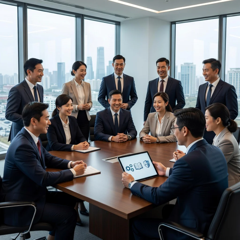 A photorealistic image of a diverse group of adult professionals in a modern Chinese office setting, reviewing employee handbook guidelines on a tablet, symbolizing compliance with 2023 Chinese labor laws. The scene conveys professionalism, fairness, and workplace harmony, with no children present.