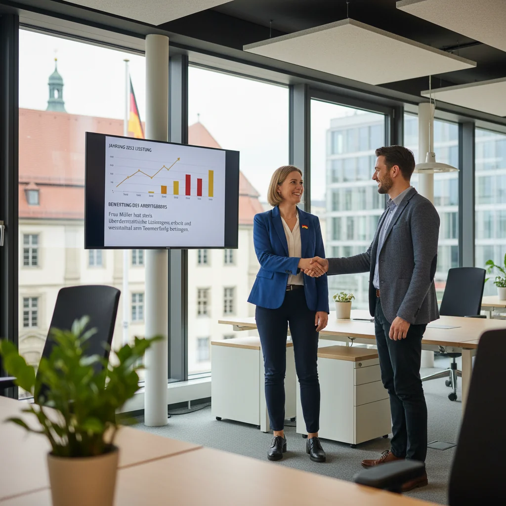 A photorealistic image of a professional adult employee in a modern German office setting, looking confident and satisfied after receiving positive feedback on their performance, symbolizing the purpose of a work certificate in Germany. The scene captures the essence of career achievement and job evaluation without showing any documents.