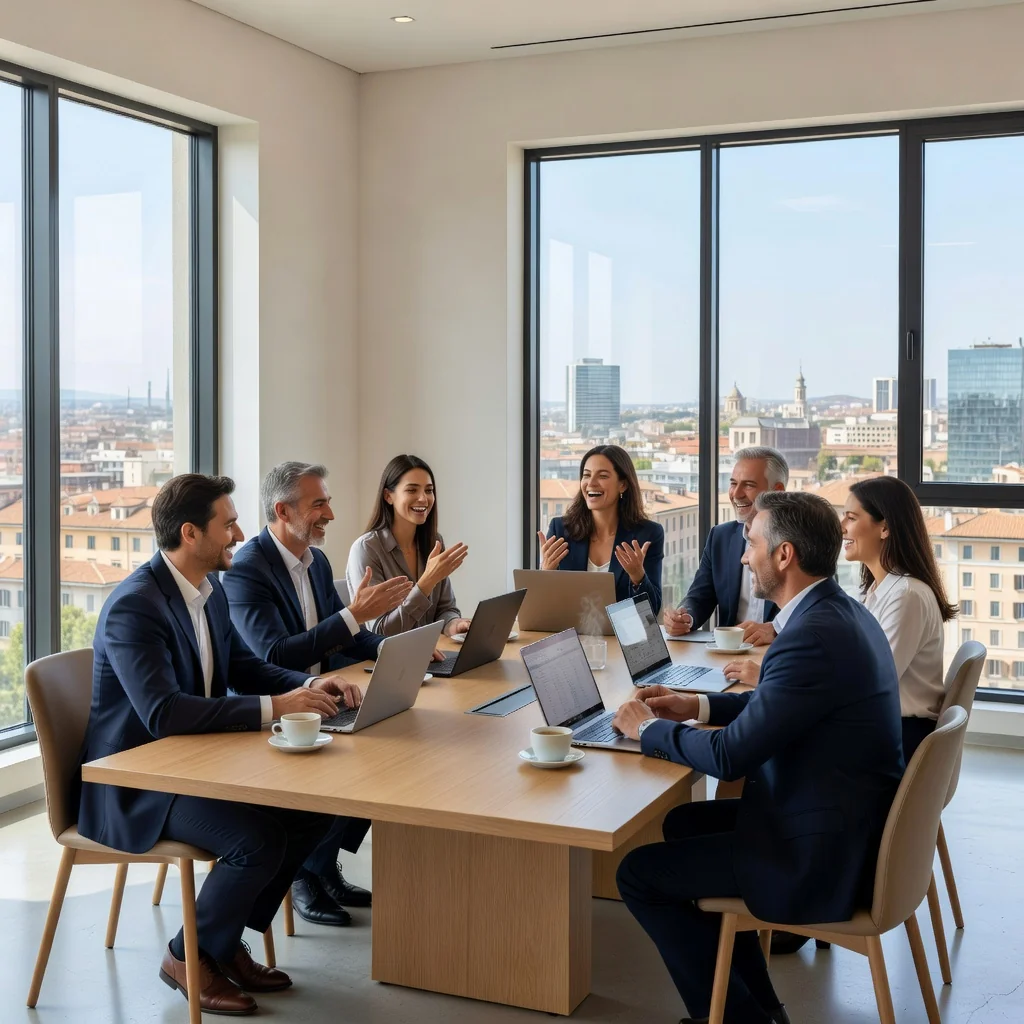 A photorealistic image depicting a professional office environment in Italy, showing a diverse group of adult employees engaged in collaborative work at a modern workplace, symbolizing the structured guidance and essential support provided by an employee handbook to ensure smooth operations and employee well-being.