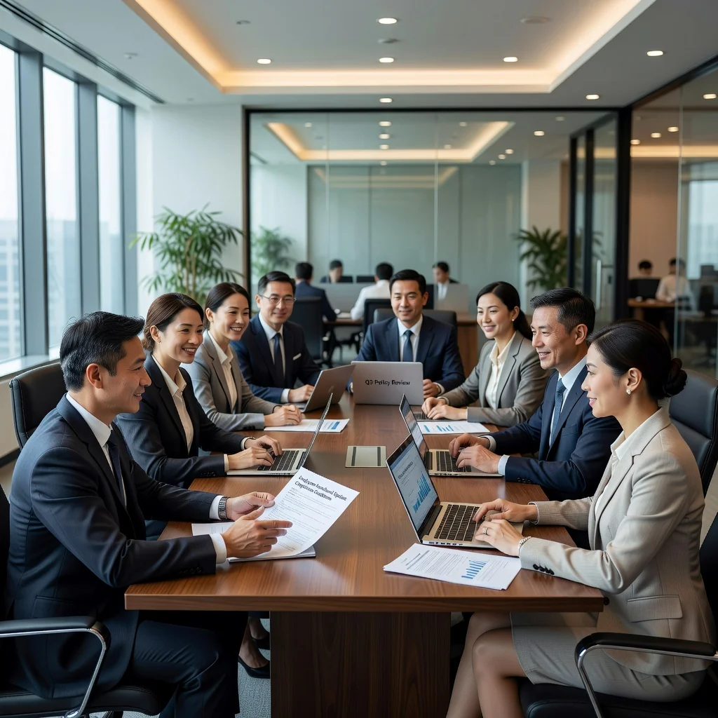 A photorealistic image of a diverse group of adult Chinese professionals in a modern office setting, engaged in a collaborative meeting. They are discussing guidelines around a table with laptops and notebooks, symbolizing the creation and understanding of employee handbook policies. The atmosphere is professional and positive, emphasizing workplace harmony and compliance. No children are present in the image.