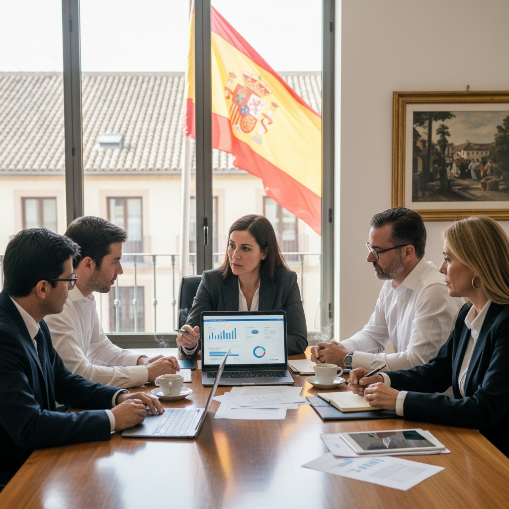 A photorealistic image of a professional business meeting in a modern Spanish office, where a diverse group of adult employees, including men and women in business attire, are discussing workplace policies around a conference table with laptops and documents, symbolizing legal obligations and employee handbook compliance. The atmosphere is collaborative and professional, with natural light from windows overlooking a cityscape, emphasizing a positive work environment. No children are present in the image.