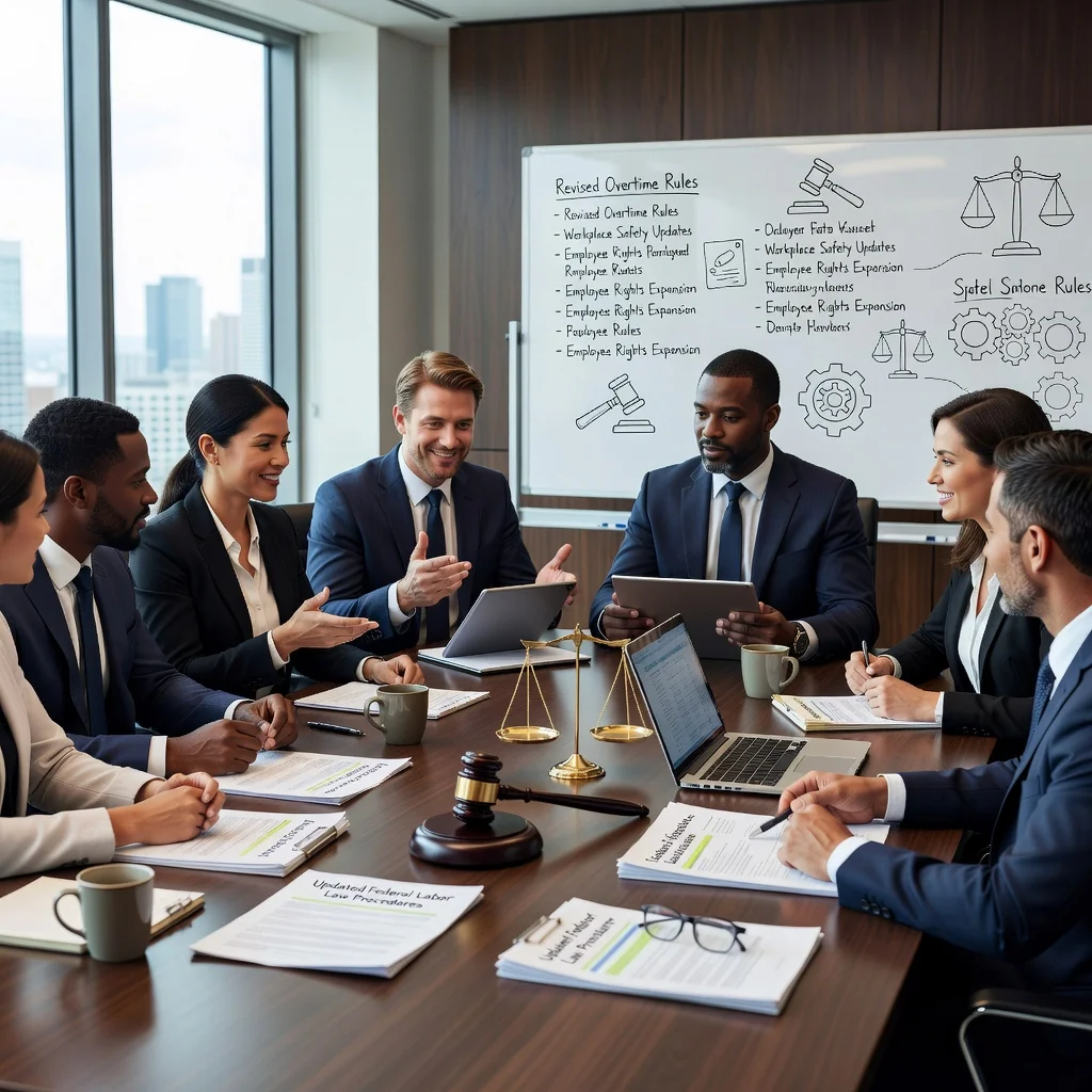 A photorealistic image representing the update of labor procedures according to the Federal Labor Law, showing a diverse group of adult professionals in a modern office setting, engaged in a collaborative meeting discussing work policies, with elements like a whiteboard displaying labor law icons, emphasizing fairness, rights, and workplace harmony, no children present.