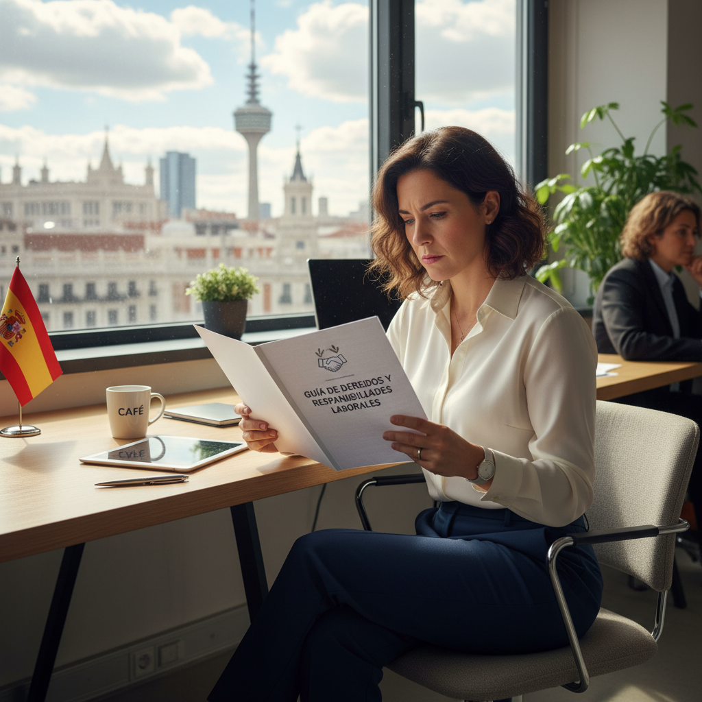 A photorealistic image of a professional employee in a modern Spanish office setting, reviewing documents at a desk with a confident expression, symbolizing employment guidelines and workplace compliance in Spain. No children are present in the image.