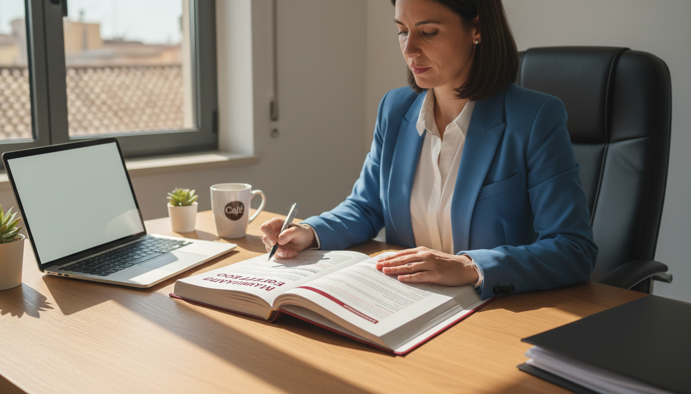 Employee reading manual at desk