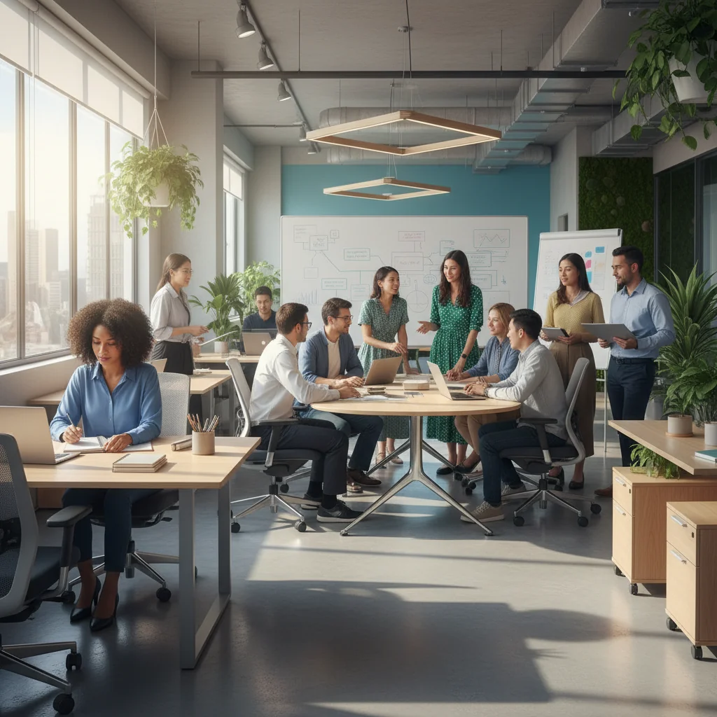 A professional office environment showing a diverse group of employees collaborating happily in a modern workspace, symbolizing a positive and structured work culture guided by clear company policies.