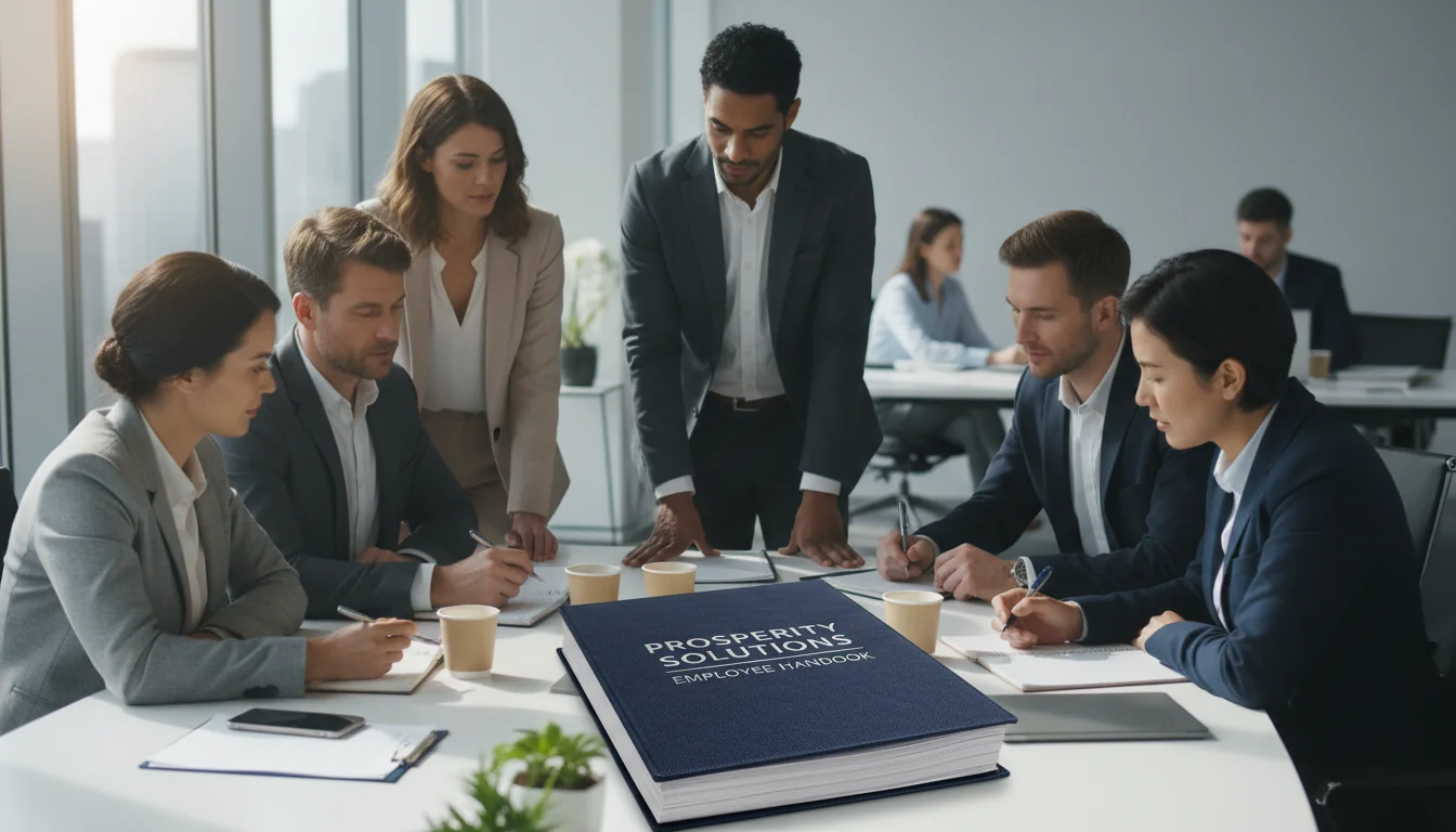 Diverse professionals reviewing employee handbook.