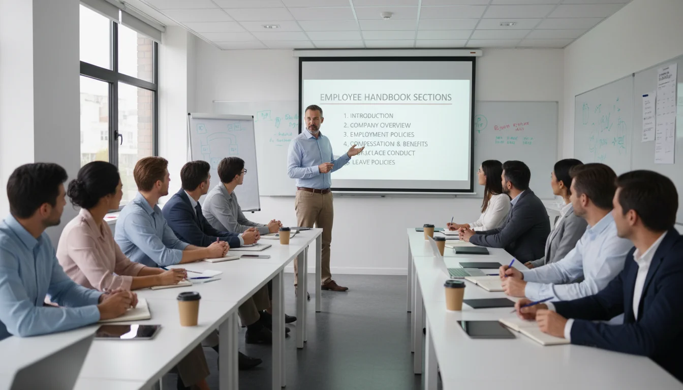 Employer explaining handbook policies to team.