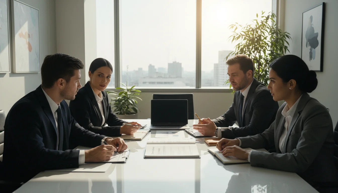 Team discussing workplace compliance rules.