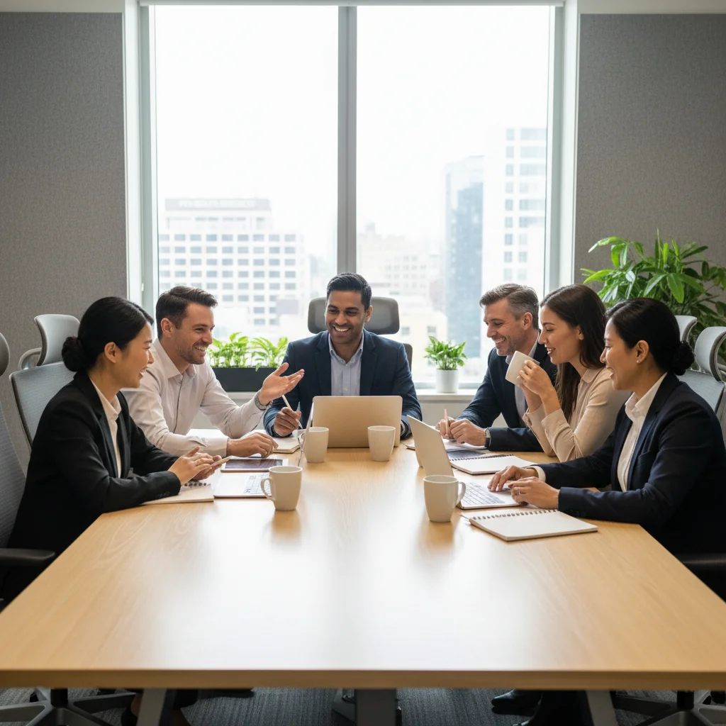 A photorealistic image of a diverse group of adult professionals in a modern office setting, engaged in a collaborative meeting. They are smiling and discussing around a table with laptops and notebooks, symbolizing effective employee guidelines and team harmony. No children are present in the image.