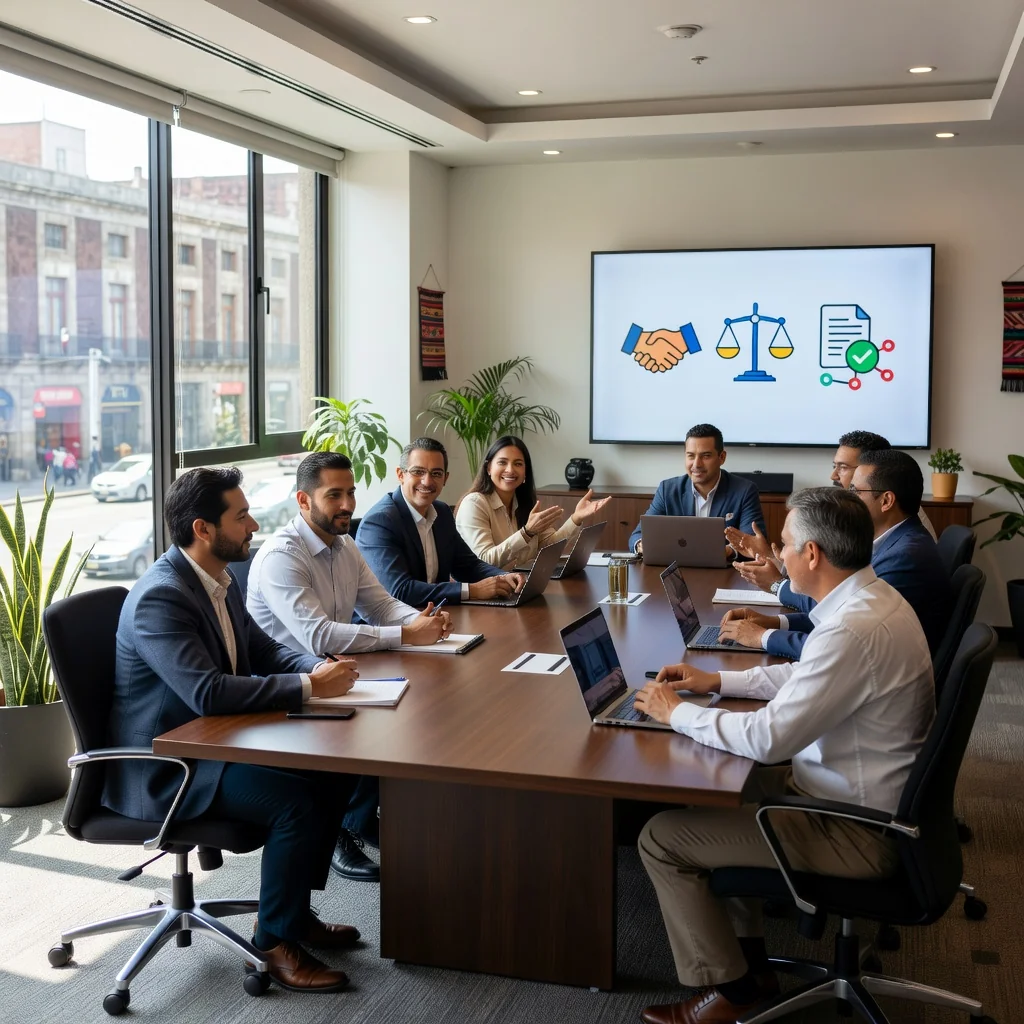 A photorealistic image of a diverse group of adult professionals in a modern Mexican office setting, engaged in a collaborative meeting discussing workplace policies, with elements like a whiteboard showing organizational charts and Mexican cultural touches in the background, symbolizing fair labor practices and procedures.