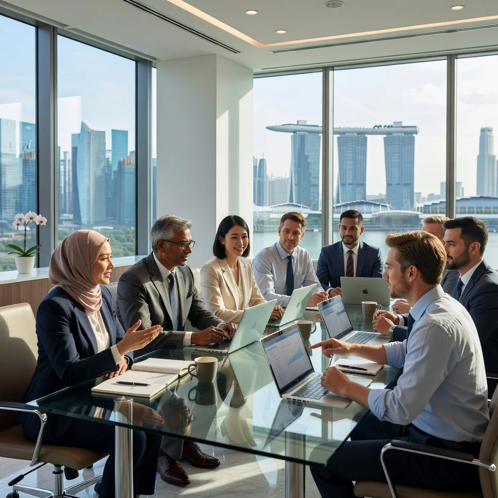 A photorealistic image of a diverse group of adult professionals in a modern Singapore office setting, engaged in a collaborative meeting around a conference table, symbolizing compliance and clear workplace policies in employee handbooks. The scene conveys professionalism, diversity, and a positive work environment, with elements like a city skyline view of Singapore in the background. No children are present in the image.
