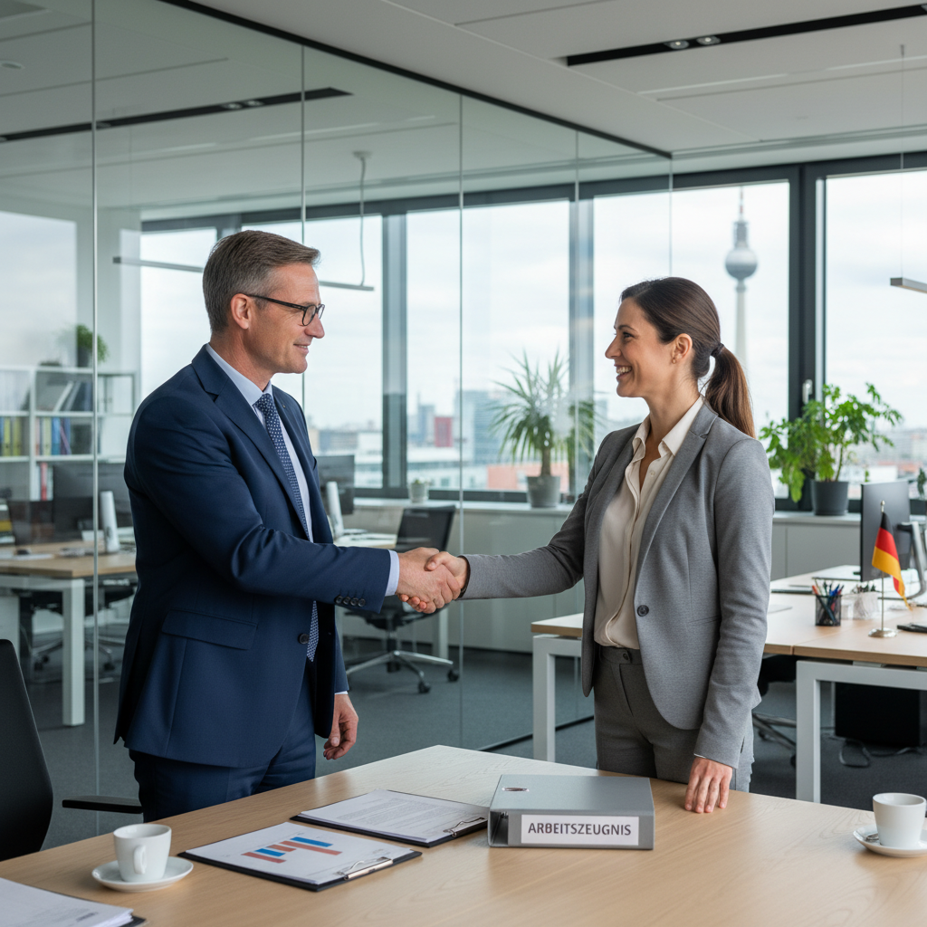 A photorealistic image of a professional adult employee in a modern German office environment, shaking hands with a colleague during a job handover or exit interview, symbolizing the transition and evaluation in employment referenced in an Arbeitszeugnis. The scene conveys professionalism, satisfaction, and career progression, with no children present and no focus on actual documents.
