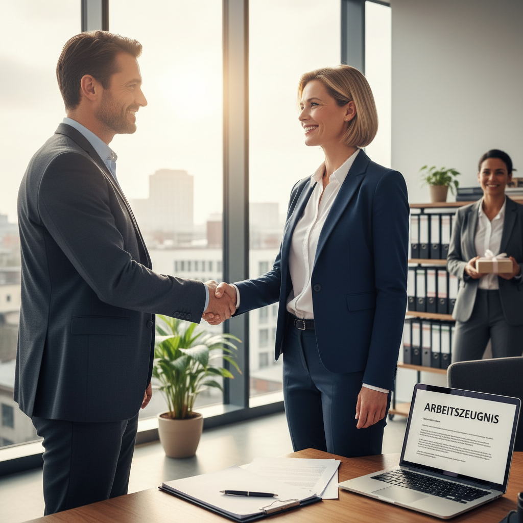 A photorealistic image of a professional German office environment, showing a satisfied adult employee in business attire shaking hands with a manager at the end of a successful workday, symbolizing job completion and reference evaluation in employment, with modern office background including desks and windows overlooking a cityscape, no children present.
