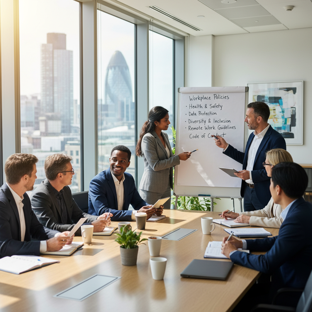 A photorealistic image of a diverse group of professional adults in a modern UK office setting, engaged in a team meeting around a conference table, symbolizing workplace policies and employee guidelines, with elements like a whiteboard showing agenda points related to company rules, no legal documents visible, conveying a sense of collaboration and professionalism in the workplace.