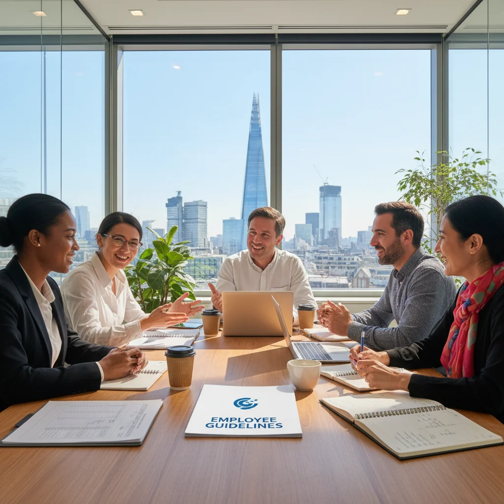 A photorealistic image of a diverse group of professional adults in a modern UK office setting, engaged in a collaborative meeting. They are reviewing a company handbook together around a conference table, symbolizing workplace policies and employee guidelines. The atmosphere is positive and professional, with elements like Union Jack flags or UK office aesthetics in the background to represent the United Kingdom. No children are present in the image.
