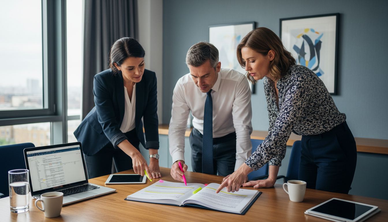 Team reviewing handbook guidelines