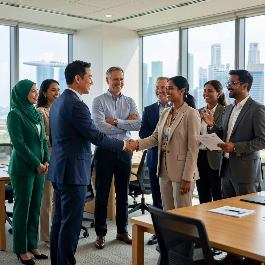 A photorealistic image of a diverse group of professional adults in a modern Singapore office environment, shaking hands and smiling to represent successful employment agreements and company policies, with subtle Singapore skyline in the background, no children present.