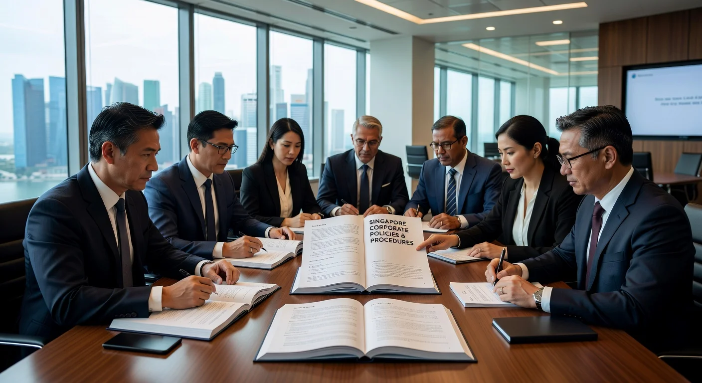 Professional team reviewing employee handbook