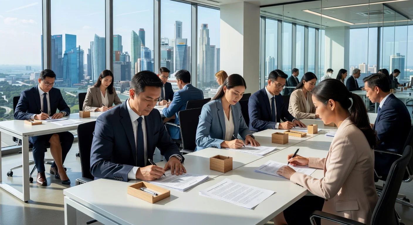 Singapore office workers signing documents