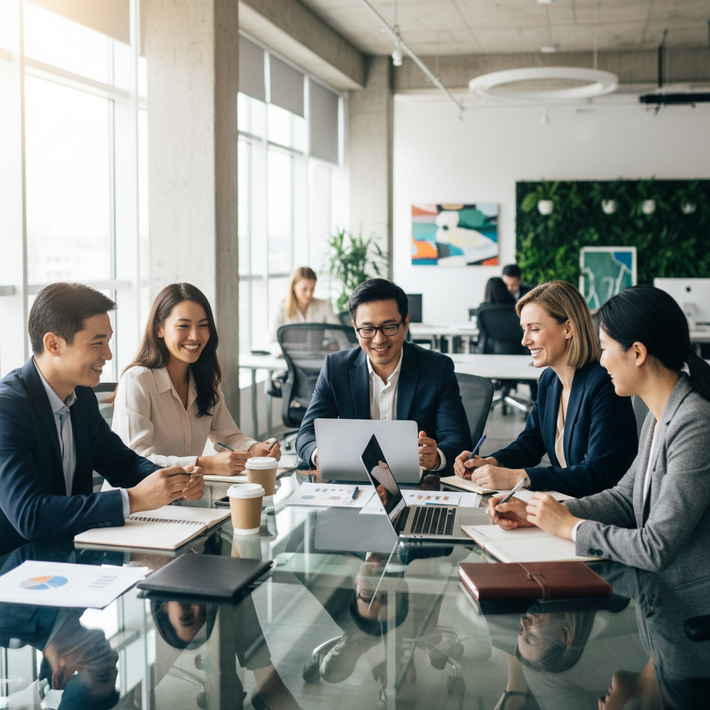 A photorealistic image of a diverse group of adult professionals in a modern office environment, engaged in a collaborative meeting around a conference table, symbolizing workplace policies and employee guidelines, with no children present and no legal documents visible.