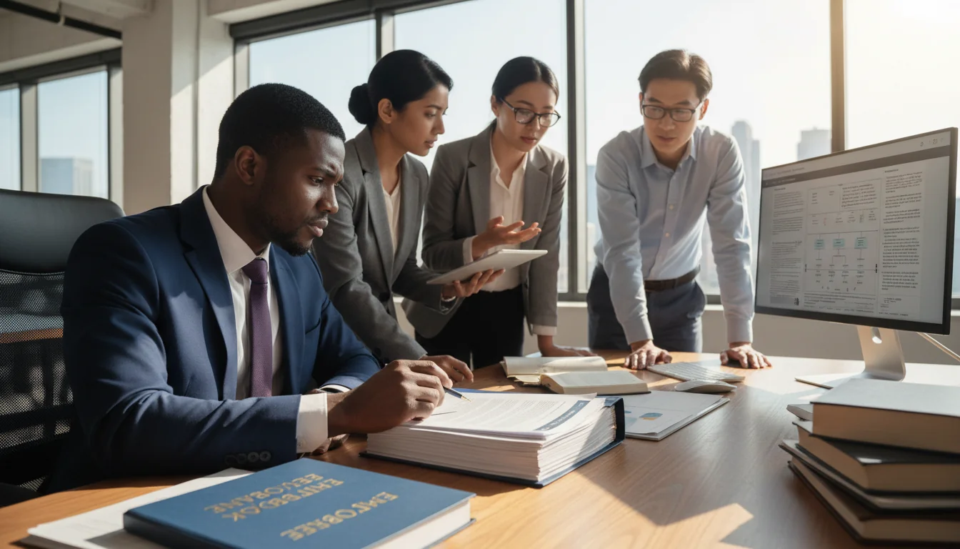 Professional reviewing employee handbook