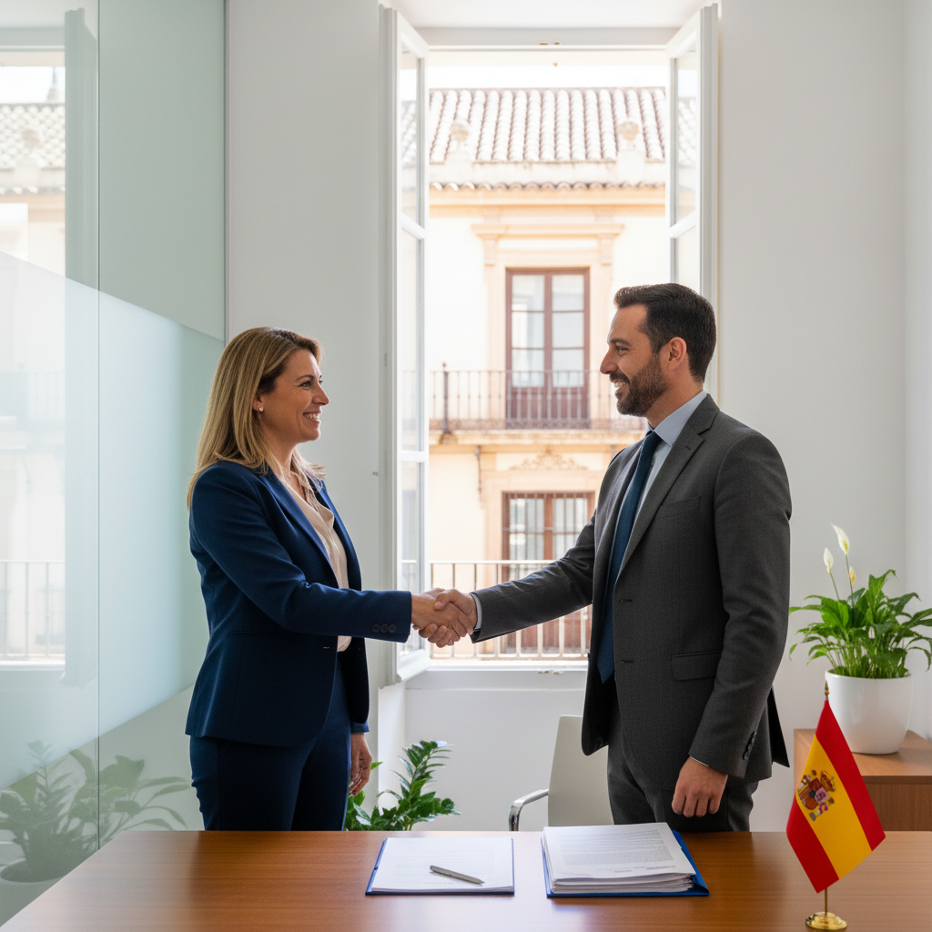 A photorealistic image of a professional adult employee in a modern Spanish office setting, shaking hands with a colleague during a welcoming meeting, symbolizing the start of employment and legal onboarding in Spain, with subtle Spanish elements like a flag or architecture in the background. No children are present. The image is entirely photorealistic, not a graphic, drawing, or illustration.