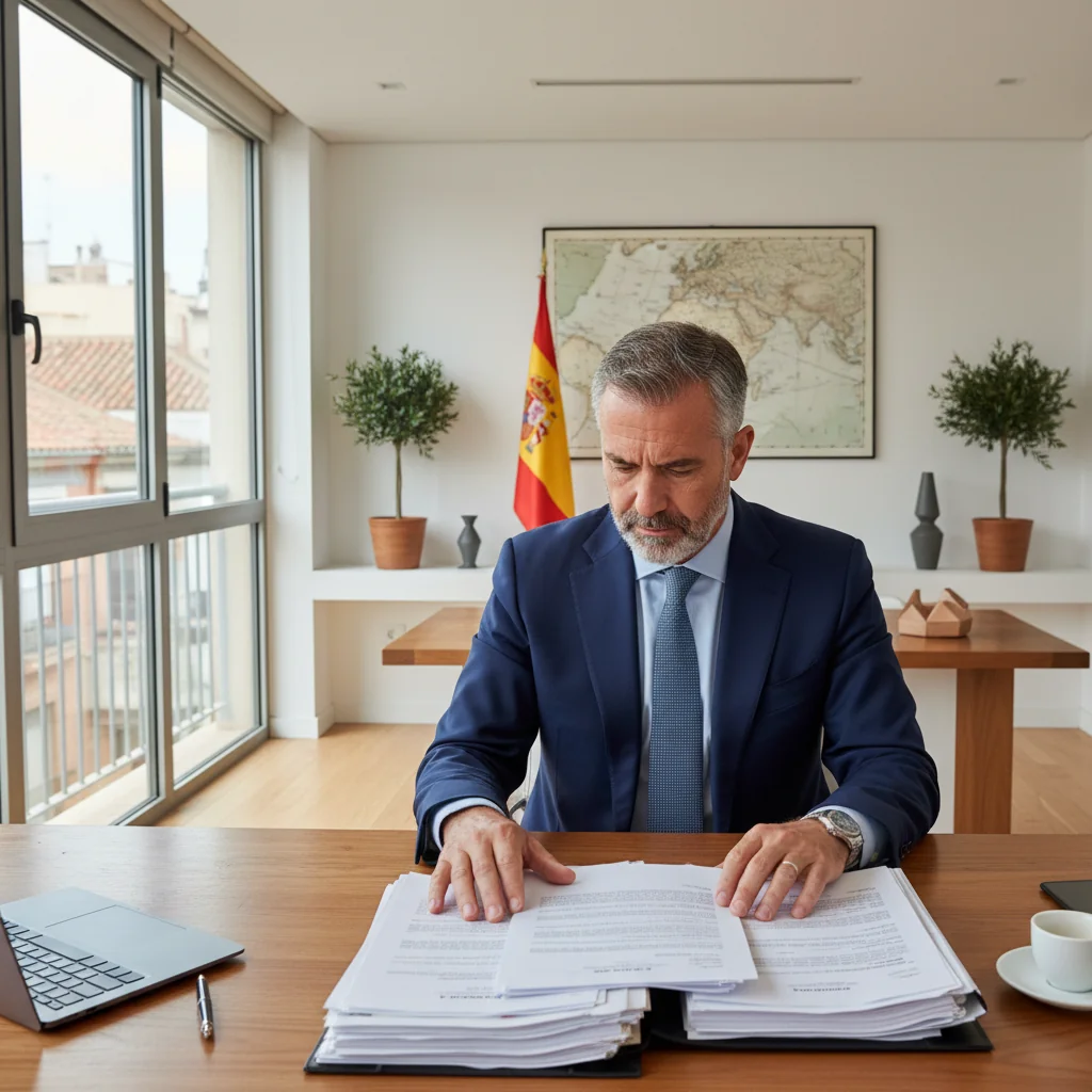 A photorealistic image of a professional adult employee in a modern Spanish office setting, reviewing important paperwork at a desk, symbolizing the preparation and understanding of employee legal documents in Spain. The scene conveys professionalism, compliance, and workplace integration without showing any children or the actual documents.