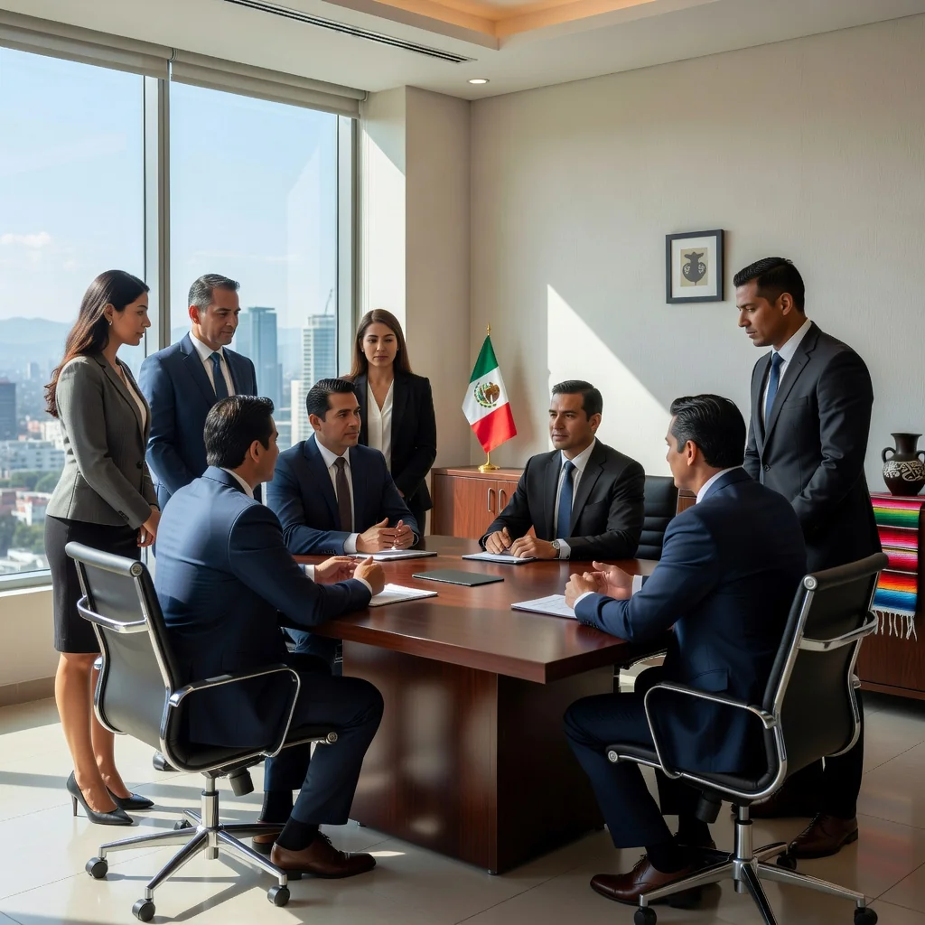 A professional office environment in Mexico representing labor policies and procedures, featuring a diverse group of adult Mexican employees in business attire collaborating around a conference table, with elements like a Mexican flag in the background and modern office decor, symbolizing corporate employment guidelines.