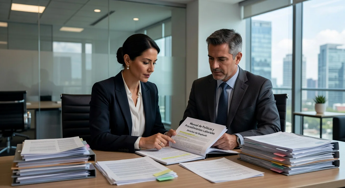 Mexican office workers reviewing labor policies