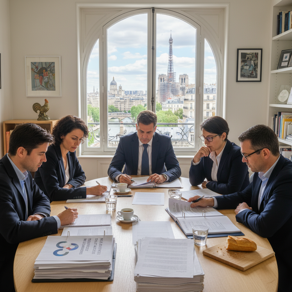 A photorealistic image of a professional business meeting in a modern French office, with adults discussing and signing internal regulations documents, evoking compliance and organization in a workplace setting, no children present.