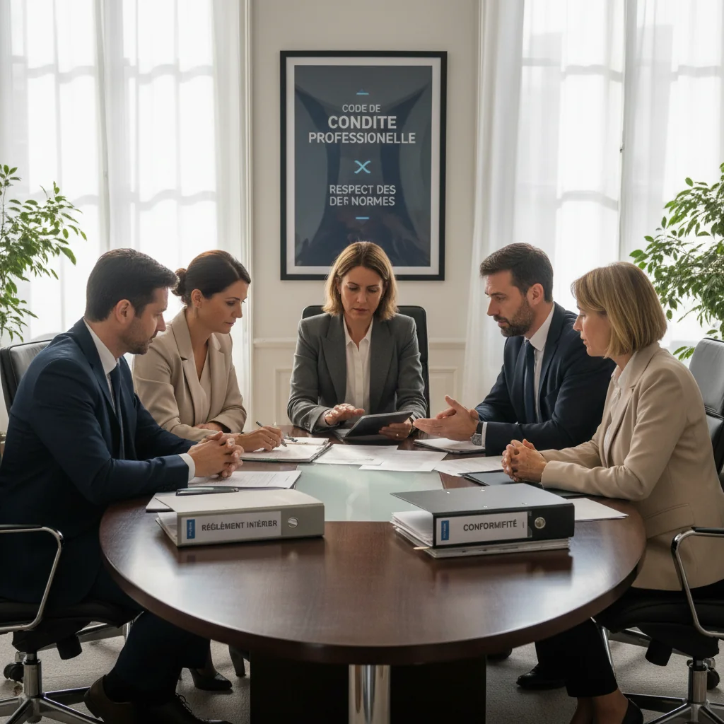 A photorealistic image of a professional business meeting in a modern French office, where adults are discussing internal regulations with a sense of collaboration and compliance, evoking the purpose of Règlement intérieur legal documents in France.