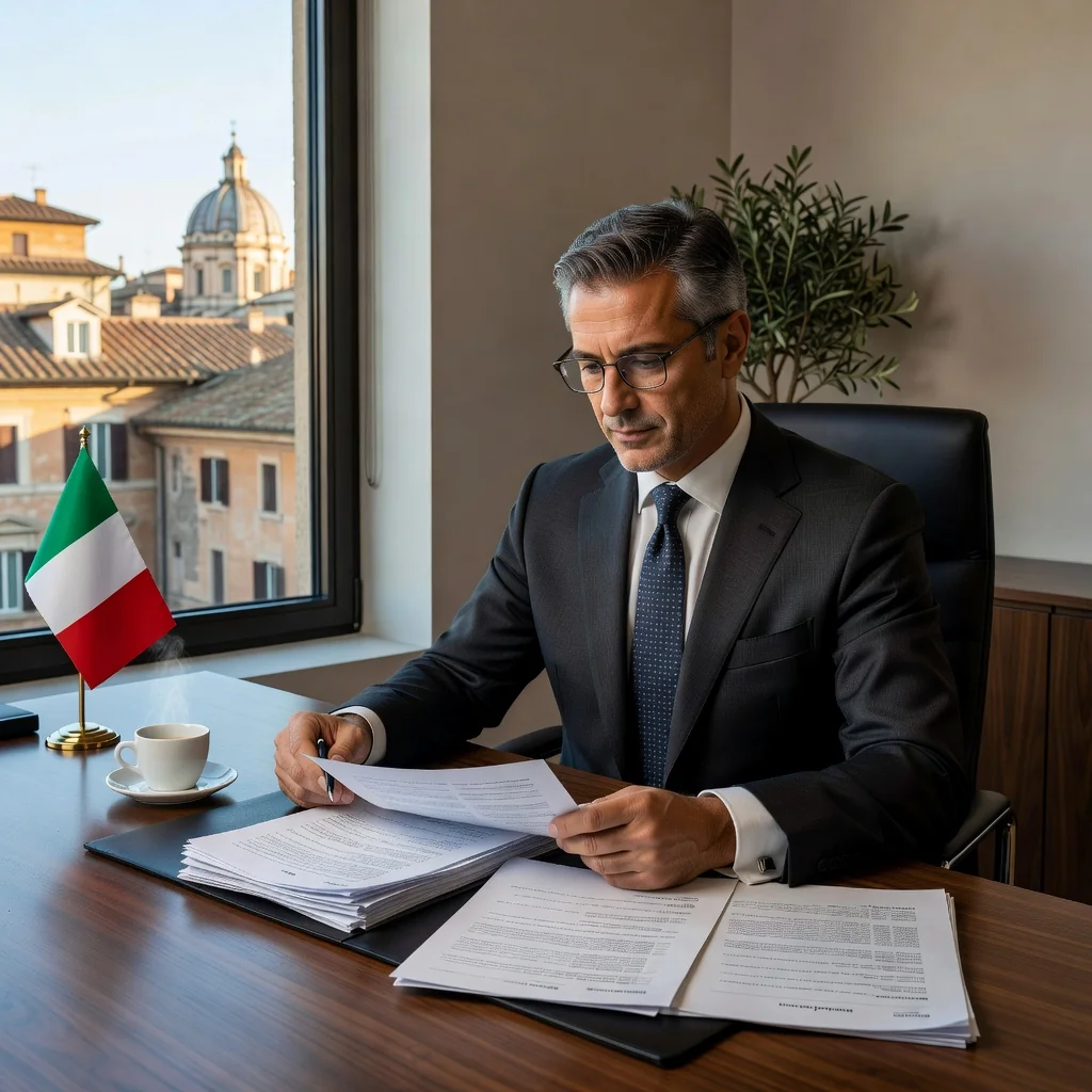 A photorealistic image of a professional adult employee in a modern Italian office setting, reviewing corporate documents at a desk, symbolizing employment guidelines and corporate procedures in Italy, with subtle Italian elements like a flag or architecture in the background.