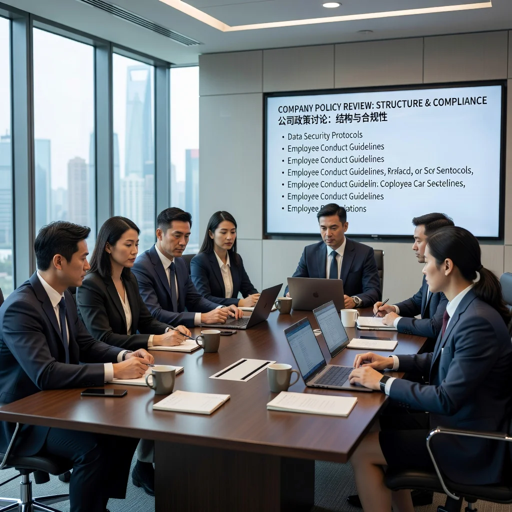 A photorealistic image of a diverse group of adult professionals in a modern Chinese corporate office, engaged in a team meeting, reviewing guidelines on a shared screen, symbolizing the importance of employee handbooks in fostering a structured and compliant workplace environment. No children are present.